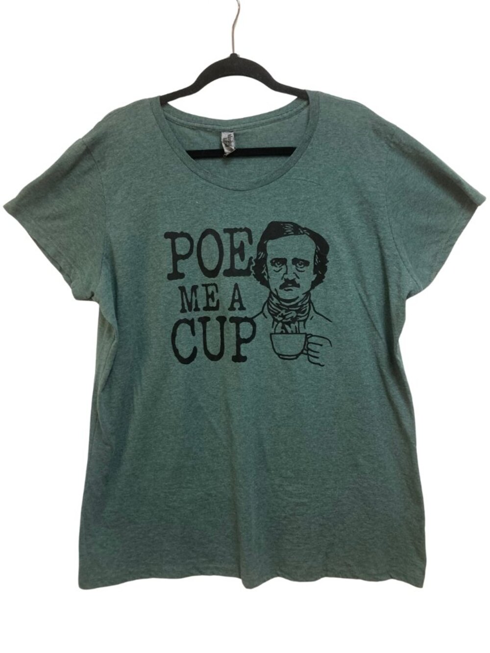 "Instant Message" graphic t shirt "Poe me a cup" Heather Green Size Plus 1